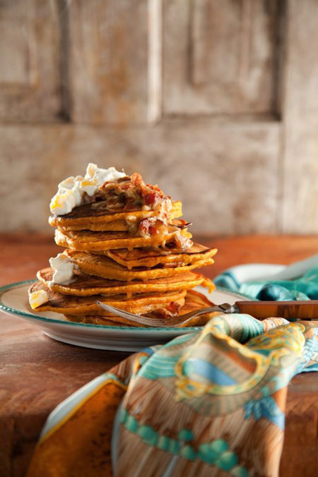 Pumpkin Pie Pancakes with Molasses Bacon Butter and Geen Mango Fool