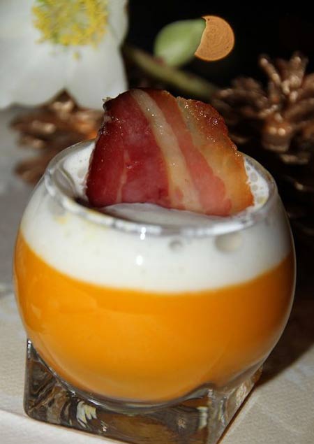 Pumpkin & Chestnut Soup with Reblochon Foam and Crispy Bacon