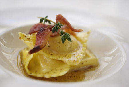 Pumpkin and Ricotta Ravioli with Crispy Bacon