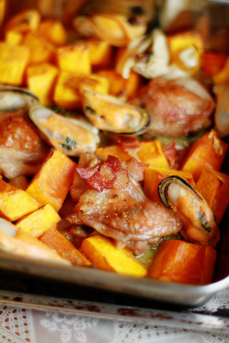 Baked Cheesy Pumpkin, Chicken, Mussels & Rice with Bacon Bits