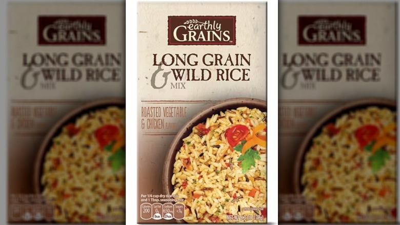 A box of Earthly Grains Roasted Vegetable and Chicken Long Grain and Wild Rice mix