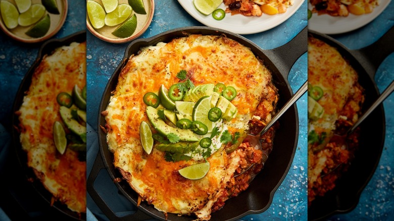 Cast iron skillet with casserole inside