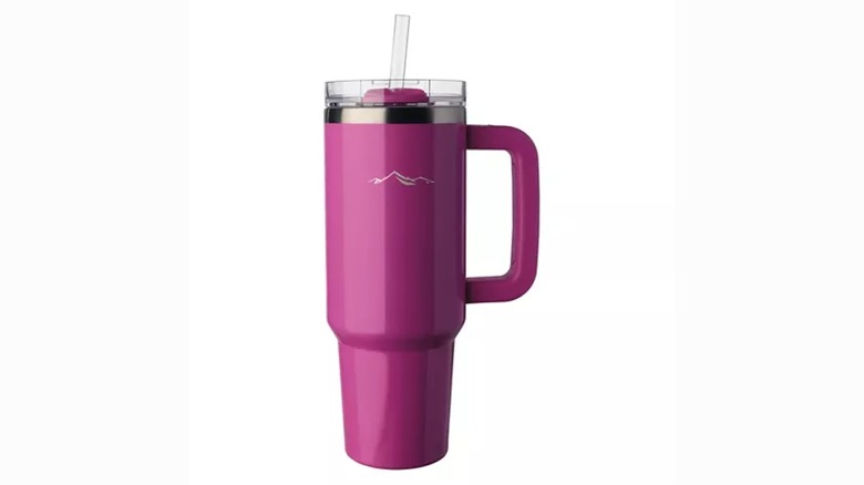 Large pink insulated tumbler on white background