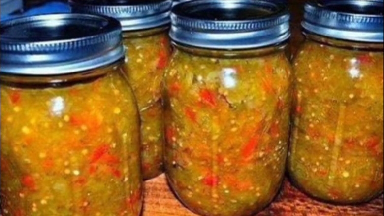 Several jars of Appalachian chow chow, lined up together