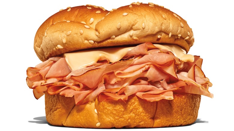 Ham & Swiss Melt from Arby's on white background
