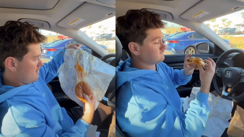 Man pulls grilled cheese out of sandwich wrapper, eats the sandwich