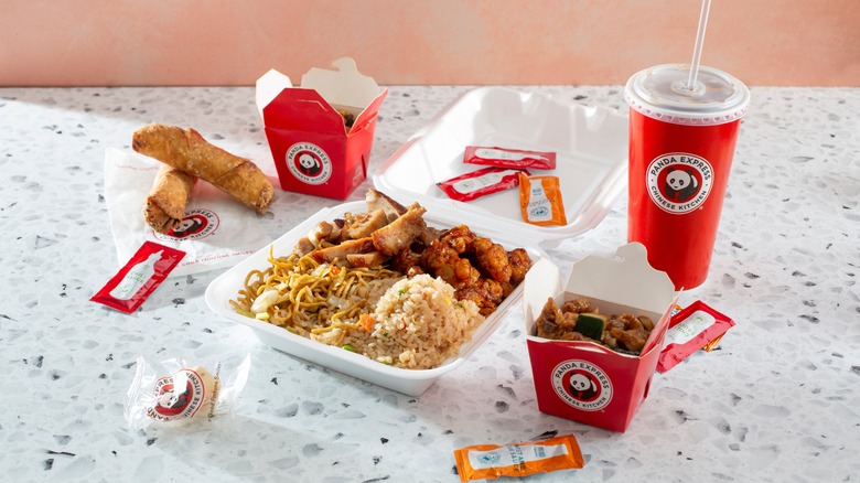 A table of Panda Express food and drinks