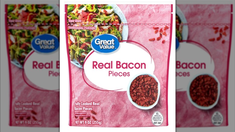 Great Value real bacon pieces on white background