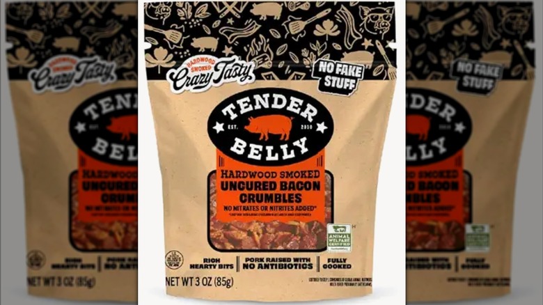 Tender Belly bacon crumbles on white background