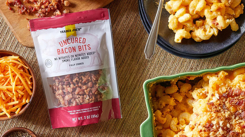 TJ's uncured bacon bits surrounded by mac and cheese