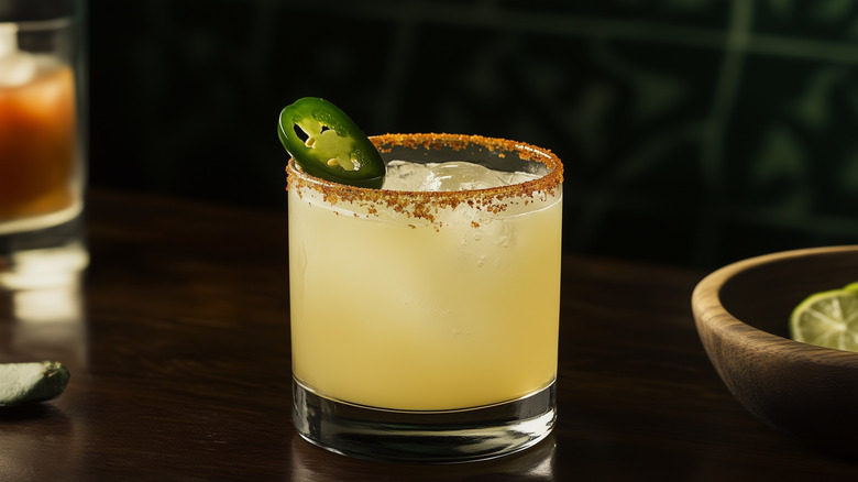 Margarita in a short glass with a Tajín rim