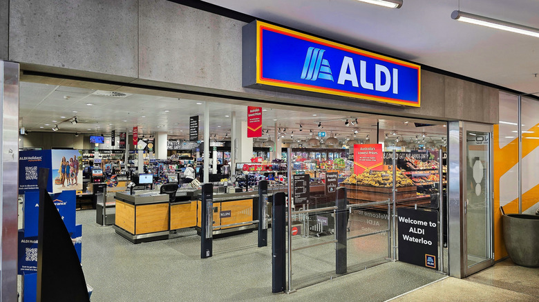 View of interior of Aldi store from outside the door