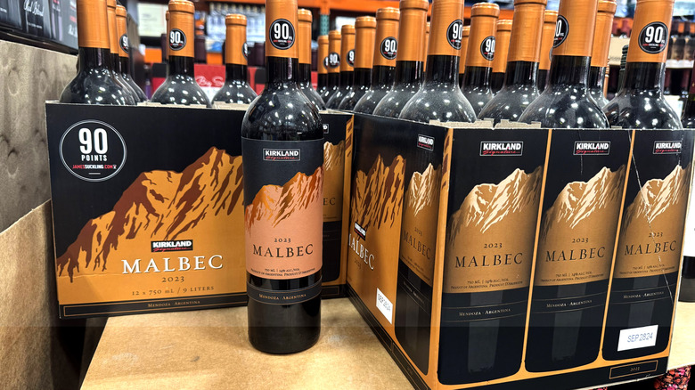 bottles and cases of malbec wine in store