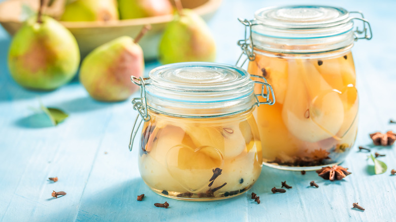 two jars of pickled pears