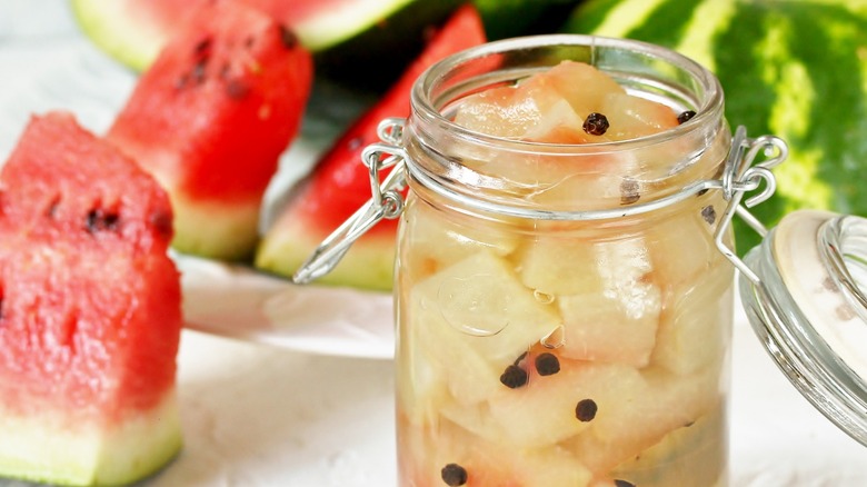 pickled watermelon rinds in glass jar