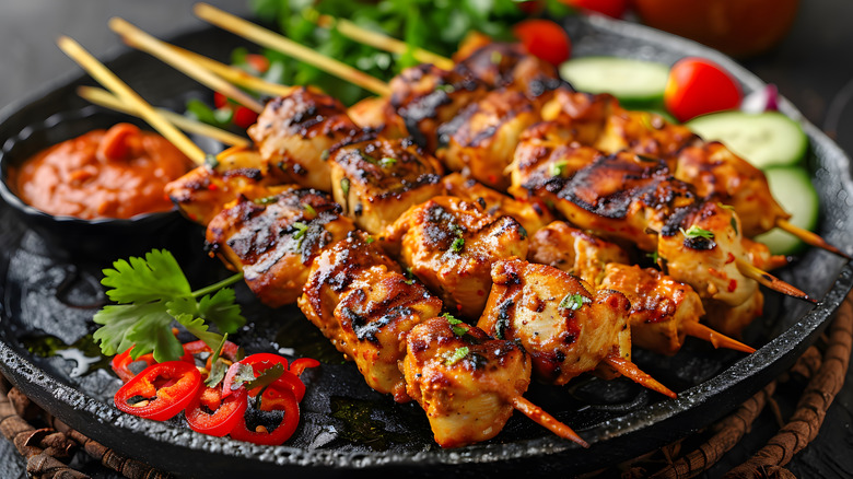 Grilled chicken skewers on a black plate.