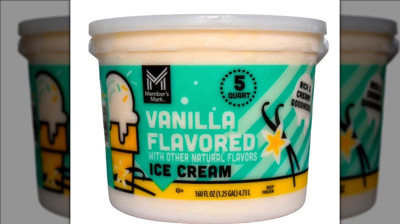Member's Mark Vanilla Ice Cream Pail on a white background.