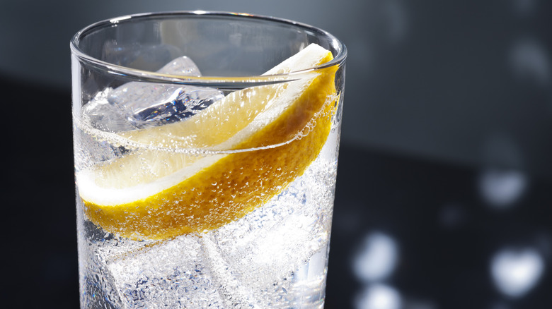 A glass of club soda, with a slice of lemon