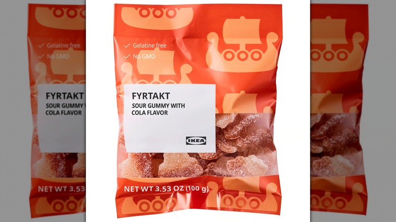 A bag of Fyrtakt Cola-Flavored Sour Gummies on a white background