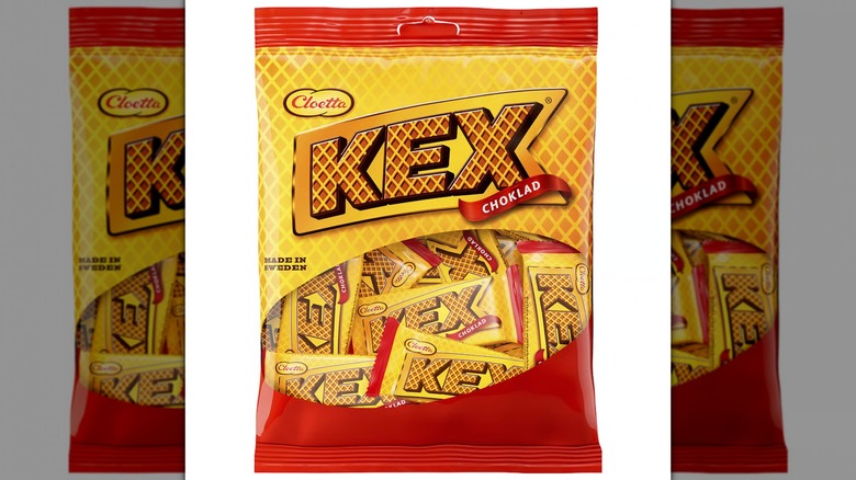 A bag of Kexchoklad Milk Chocolate and Crispy Wafers on a white background
