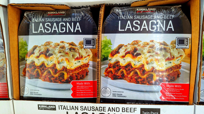 Containers of Kirkland Signature lasagna inside a box at Costco