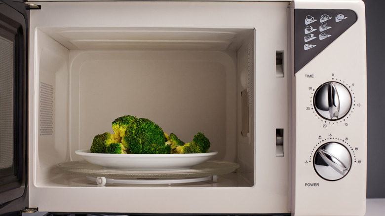 A plate of broccoli sits in a microwave with the door open