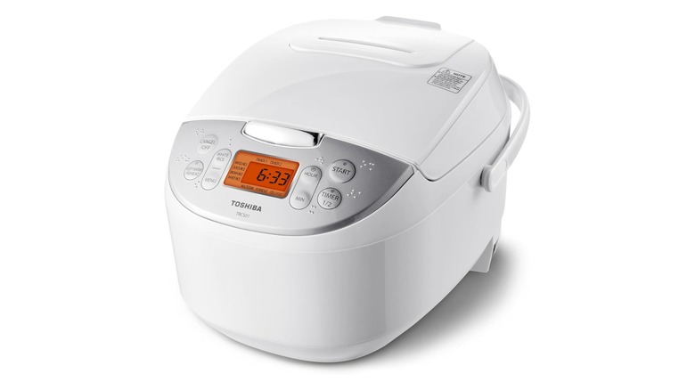 A white Toshiba rice cooker