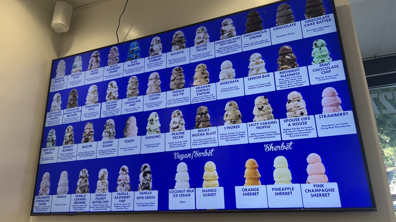menu of flavors displayed on a screen inside Handel's ice cream shop