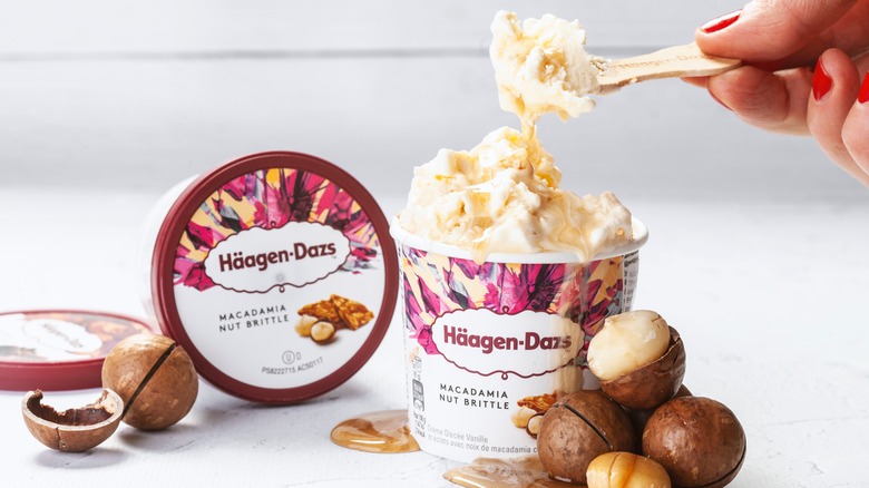 hand scooping ice cream from a pint of macadamia nut brittle haagen-dazs styled against white background