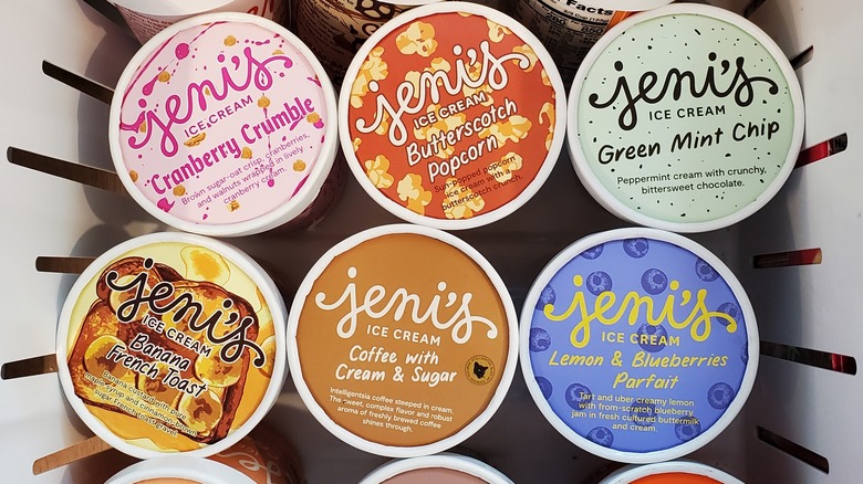 overhead shot of different varieties of jeni's ice cream in pints