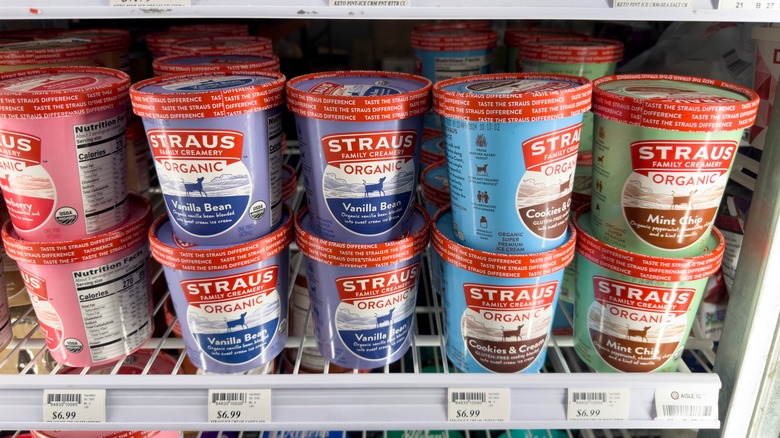close-up of freezer case filled with pints of straus family creamery ice cream