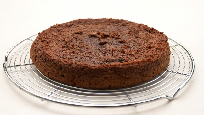 An undecorated chocolate cake on a wire rack