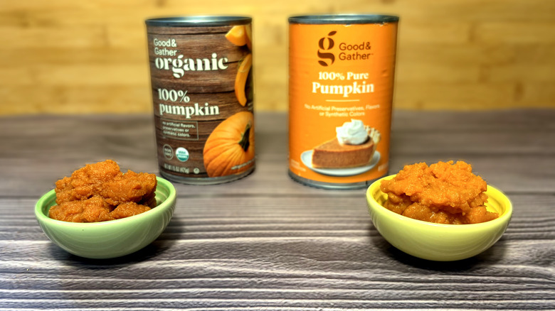 Two cans and small bowls of Good & Gather organic and regular pumpkin purée