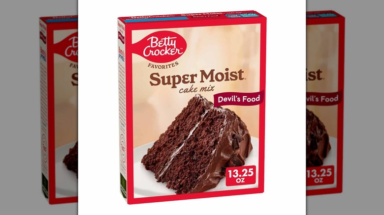 A box of Betty Crocker Favorites Super Moist Devil's Food Cake Mix on a white background