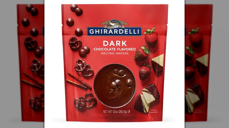 A bag of Ghirardelli Dark Chocolate Flavored Melting Wafers on a white background