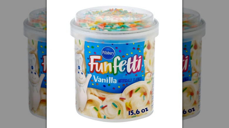 A tub of Pillsbury Funfetti Vanilla Frosting on a white background