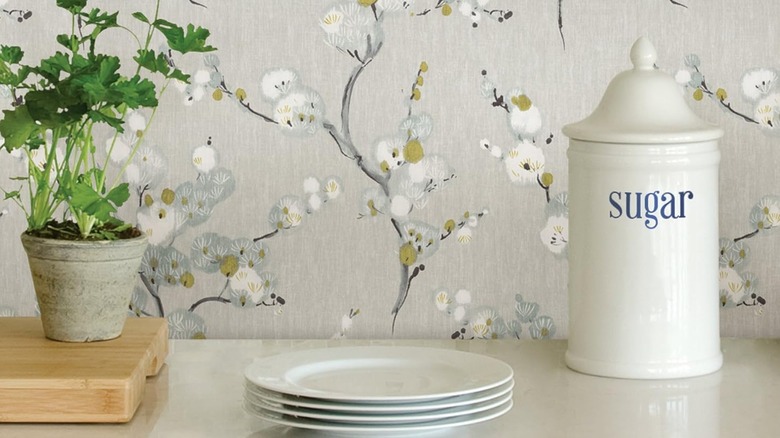 NuWallpaper gray and flower wallpaper in kitchen