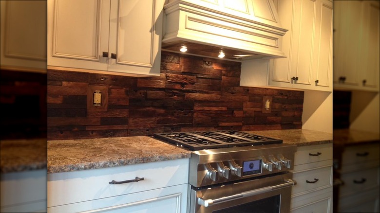 Reclaimed wood backsplash in kitchen