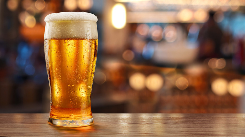 A glass of cold beer sits on a wooden bar