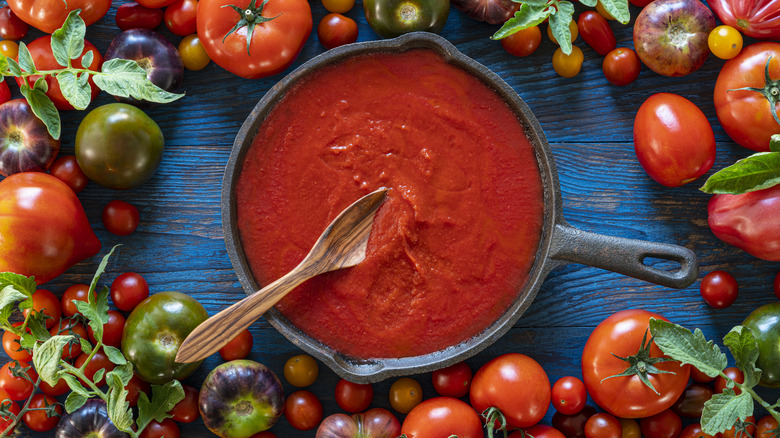 Tomato sauce in skillet and fresh tomatoes