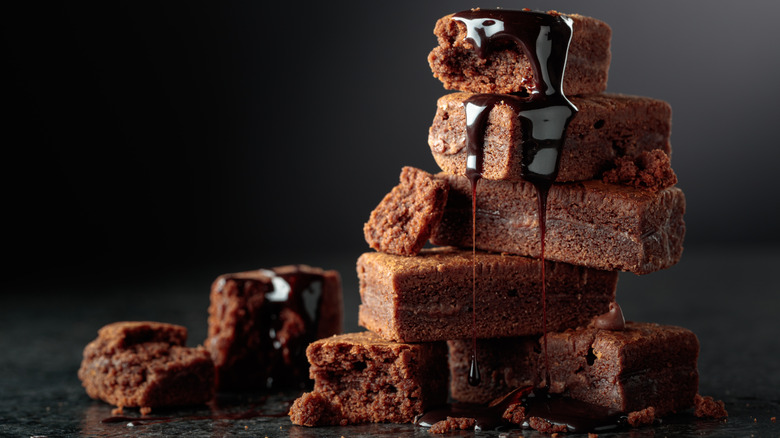 Slightly overbaked brownies stacked on top of each other