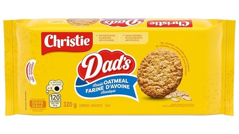 A yellow packet of Christie Dad's classic oatmeal with a round cookie