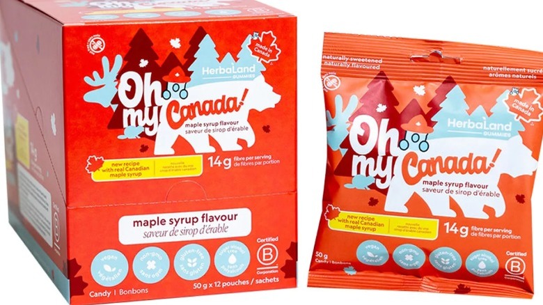 A red box with the words Oh My Canada next to a packet of gummies with the same words