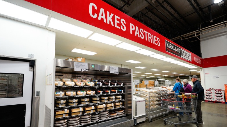 Kirkland Bakery section at Costcco with Cakes, Pastries signage in red
