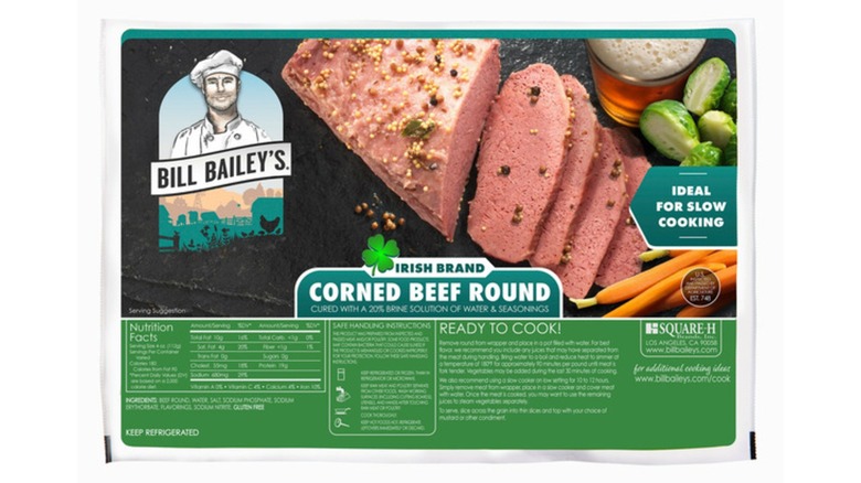 Package of Bill Bailey's Corned Beef Round against white background.