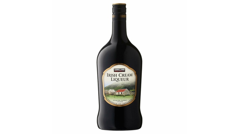 Bottle of Kirkland Signature Irish Cream Liqueur against white background.