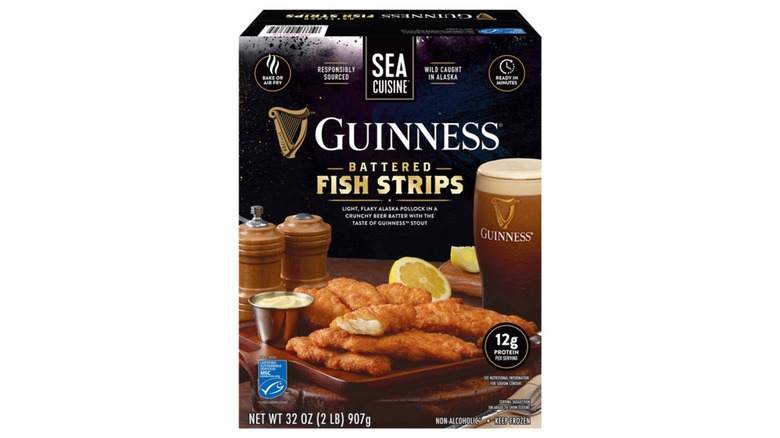 Box of Sea Cuisine Guinness Battered Fish Strips against white background.