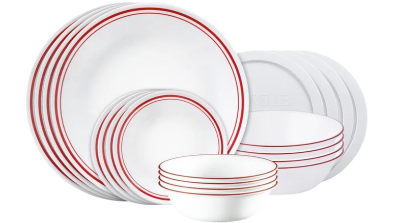 Red and white Corelle Logan 20-piece Dinnerware Set on a white background