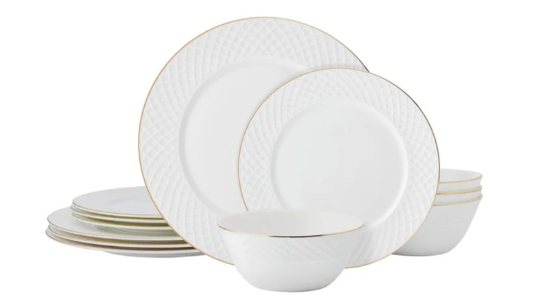 Mikasa Trellis Gold 12-piece Bone China Dinnerware Set on a white background