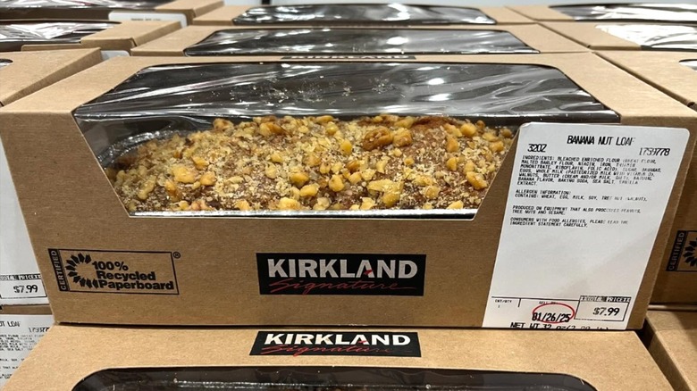 Costco banana nut loaves, stacked in cardboard boxes